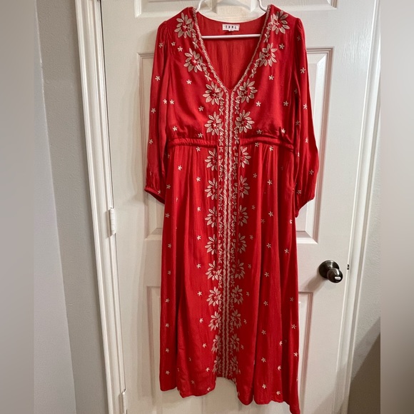 Red/Orange Peasant Dress w/White Embroidery - Picture 2 of 6